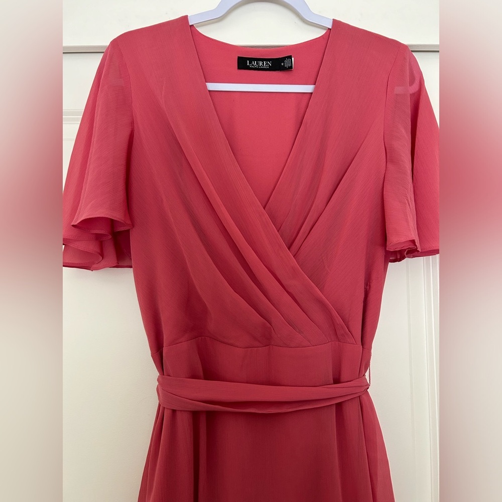 Ralph Lauren Rose Crinkle Georgette Surplice Dress (Size 12) - Picture 8 of 11